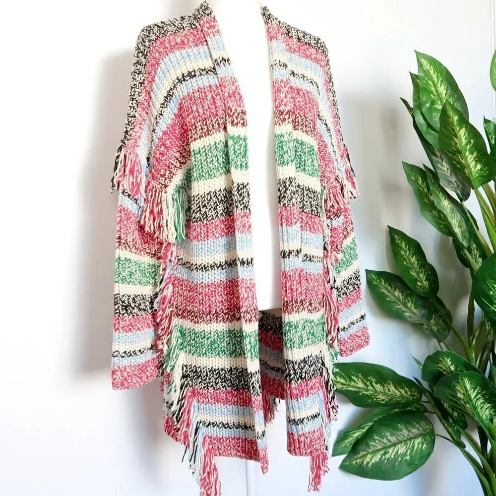 Maje Missy Multicolor Stripe Fringe Knit Long Sleeve Open Front Cardigan Small S - Picture 2 of 15